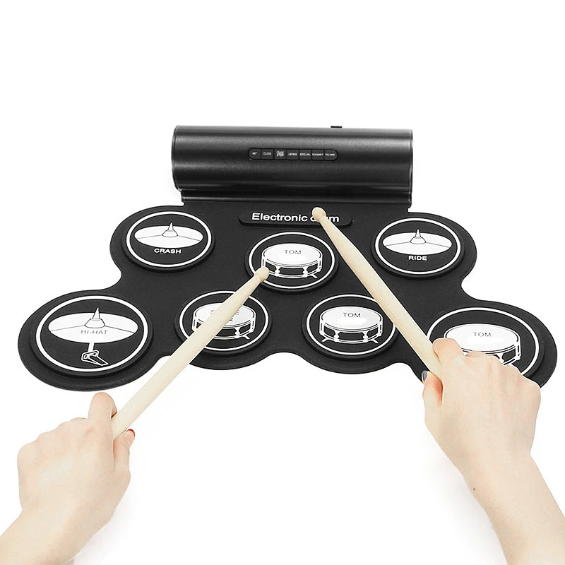

Portable Roll Up Electronic Drum Set DC 6V 7 Silicon Pads Built-in Speakers Support USB MIDI with Drumsticks Sustain Pedal