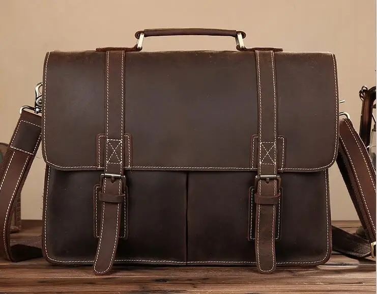 Винтажный Мужской портфель из натуральной кожи Crazy Horse сумка для ноутбука 14