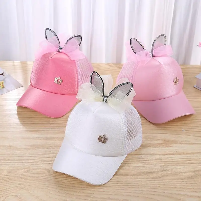 Summer Girls Baseball Cap with Silk Ribbon Ears Cute Kids Outdoor Sunscreen Peaked Children Breathable Visor Sun Shade Hat | Детская