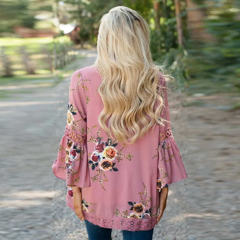 Женское шифоновое пальто с рукавом 3/4 и цветочным принтом|kimonos ladies|print kimonocrochet lace |