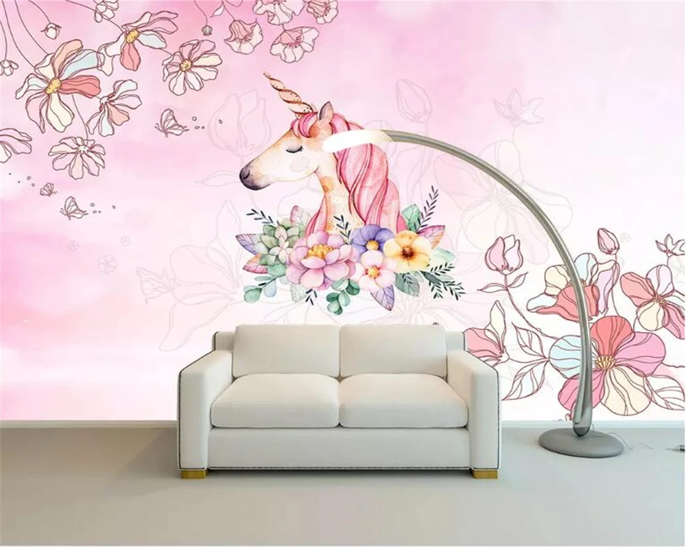 3D обои Beibehang акварельные с единорогом цветочным рисунком для гостиной фотообои