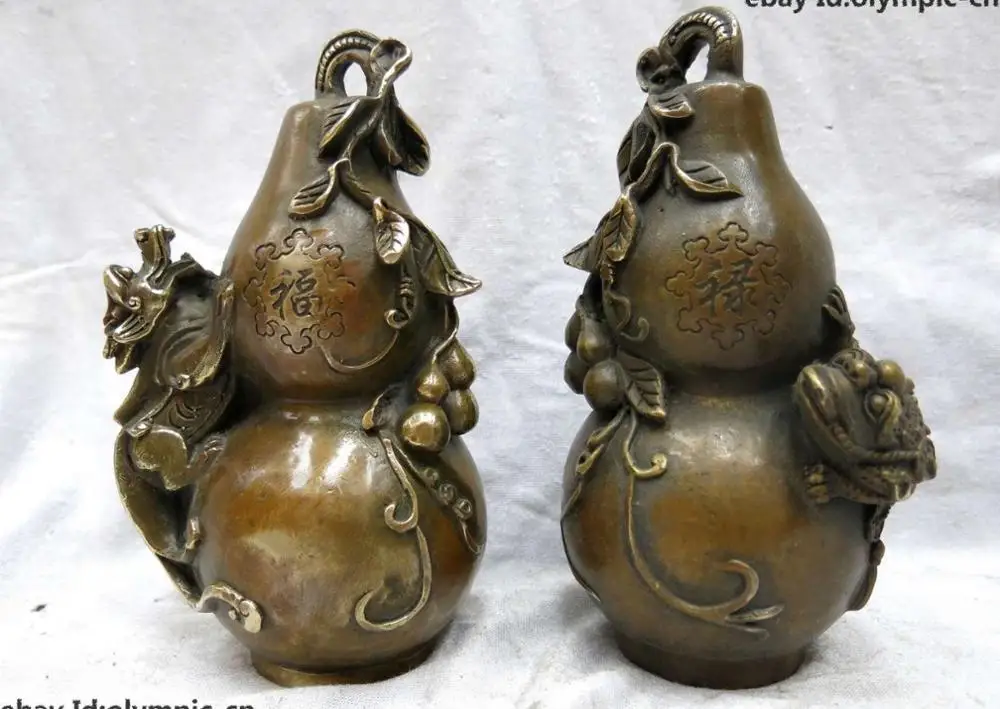 

6 "Китайская латунная медная фэн-шуй Красивая статуя FU Lu Дракон жаба calabash пара