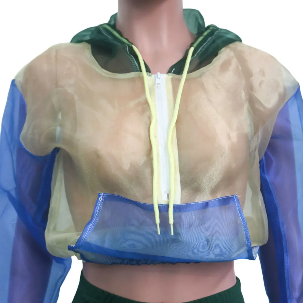 

Patchwork Two 2 Piece Set Outfits for Women Sexy Mesh Crop Top Hoodie and Biker Shorts Autumn Tracksuit Streetwear Matching Sets