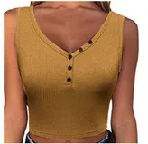 Earth Yellow Женские летние повседневные майки с v-образным вырезом и пуговицами, женские майки обтягивающий без рукавов жилет кроп-топ, женская одежда, сплошной цвет - Цвет: Earth Yellow