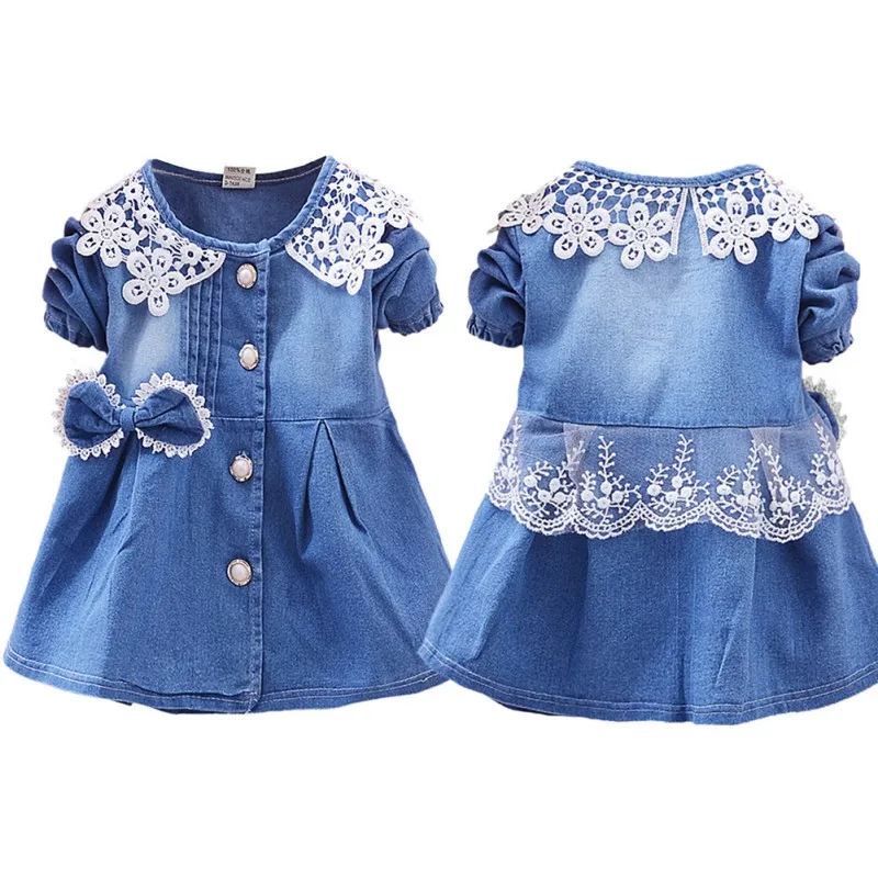 Bowknot Long Sleeve Dresses Mesh Denim Patchwork Lace Dress Autumn Kids Baby Spring Children | Детская одежда и обувь