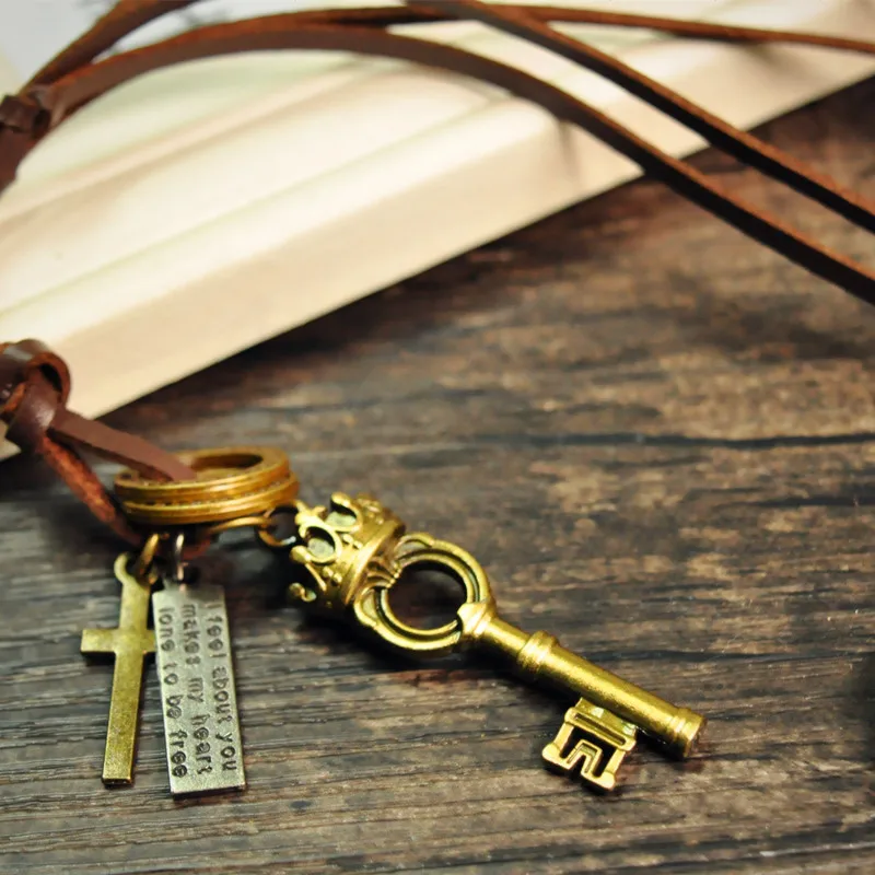 Men Women Leather Necklaces &amp Cross Key Pendants Fashion Vintage Statement Chokers Brown Real Cord Movable 50-70cm | Украшения и