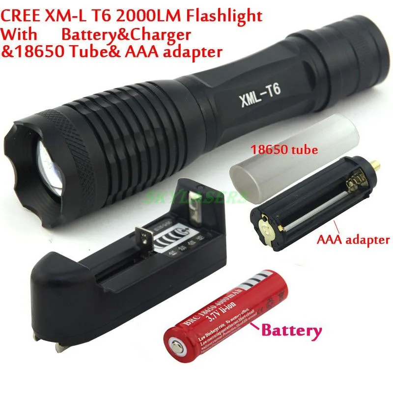 

2000 LM E6 Super bright Zoomable XM-L T6 LED 18650 Flashlight Torch Light + 18650 battery + Charger