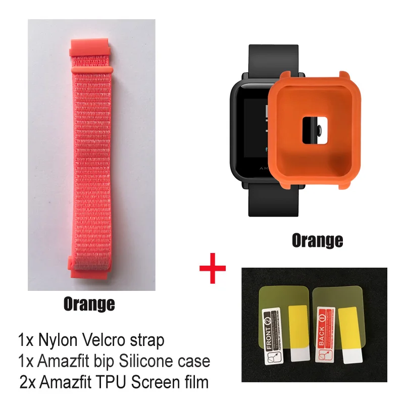 orange-orange case 4в1 нейлоновый ремешок для Amazfit ремешок Bip Xiaomi Huami Amazfit Bip браслет ремешок для часов нейлоновая петля наручный ремешок чехол Защитная пленка - Цвет: orange-orange case