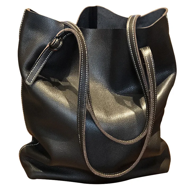 PNDME vintage casual genuine leather ladies tote bags large capacity soft cowhide simple women's shopping bag black handbag 2019
