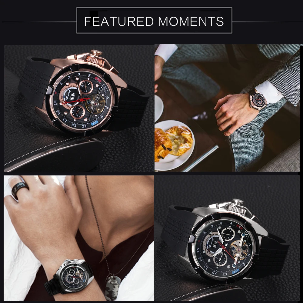 FORSINING Мужские Авто механические часы силиконовый ремешок Круглый Дата