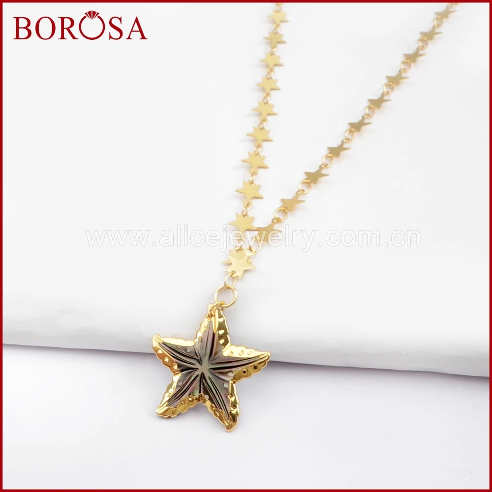 

BOROSA 5PCS Rainbow Natural Shell Starfish Shape Pendant with 30inch Gold Color Chains Necklaces for Women Jewelry G1628-N