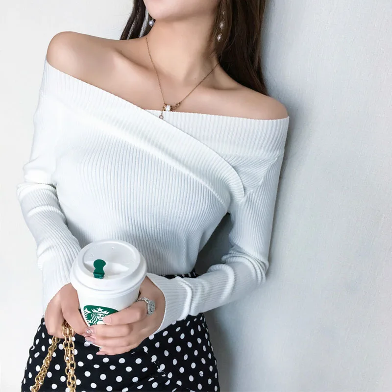 Autumn Winter Sweater Women Sexy V Neck Off Shoulder Long Sleeve Jumper Cashmere Solid Pullover Knitted 2018 | Женская одежда