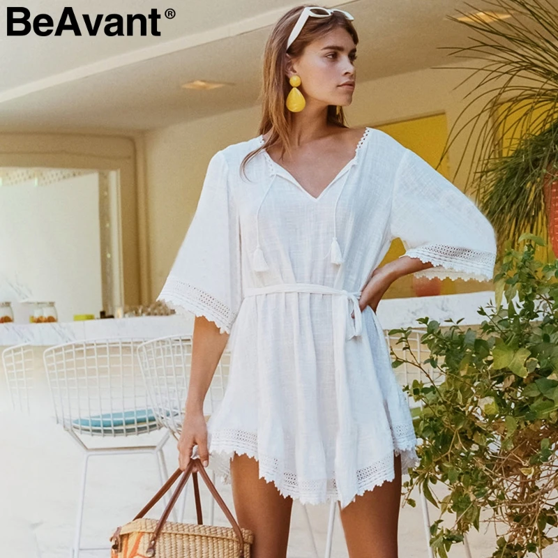 BeAvant богемное хлопковое белое платье женское 2019 v образный вырез зашнуровать