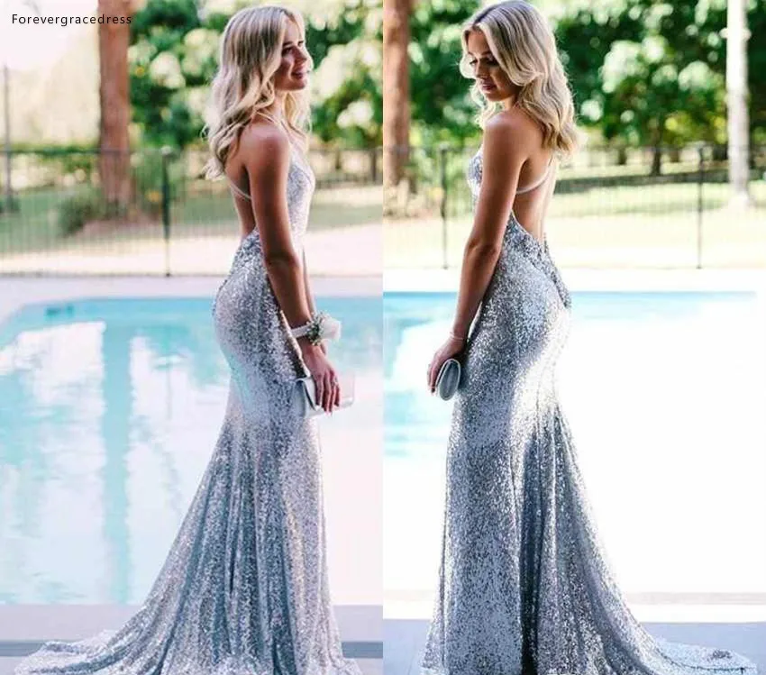 

Long Sequined Evening Dresses 2019 Mermaid Spaghetti Straps Backless Graduation Holiday Wear Formal Party Prom Gowns Plus Size