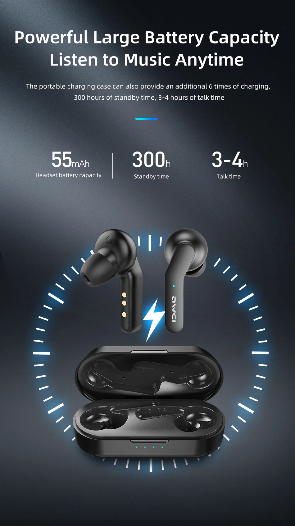 AWEI, настоящие беспроводные стерео наушники с сенсорным управлением, Bluetooth 5,0, супер бас, Hi-Fi гарнитура, водонепроницаемая гарнитура с двойным микрофоном
