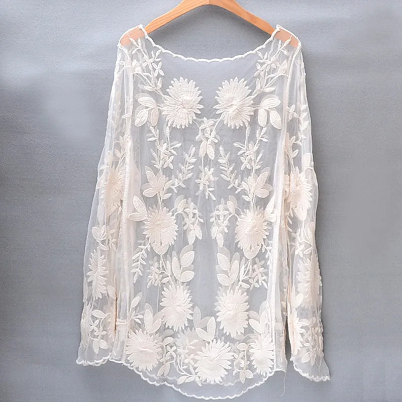 Кружевные топы с длинным рукавом женские милые кружевные блузки цветочной