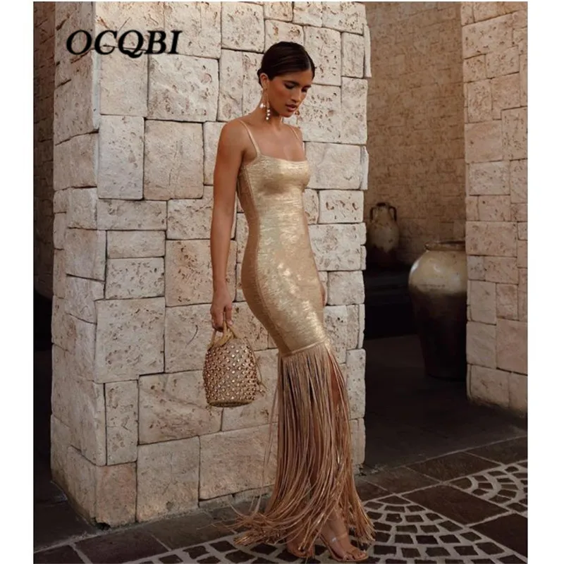 Plus Size Women Summer Sexy Party Night Elegant Dress Fashion Bodycon Tassel Gold Maxi Dress