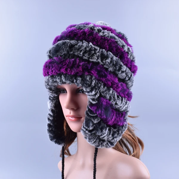 grey purple Raglaido, зимние меховые шапки для женщин, вязаная шапка из меха кролика рекс с шариковыми ушками, повседневные женские шапки, шапочки, LQ11194 - Цвет: grey purple