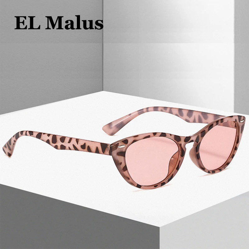 

[EL Malus] Small Leopard Cat Eye Frame Sunglasses for Women Female Trendy Eyewear Pink Gray Tan Lens UV400 Girl Oculos
