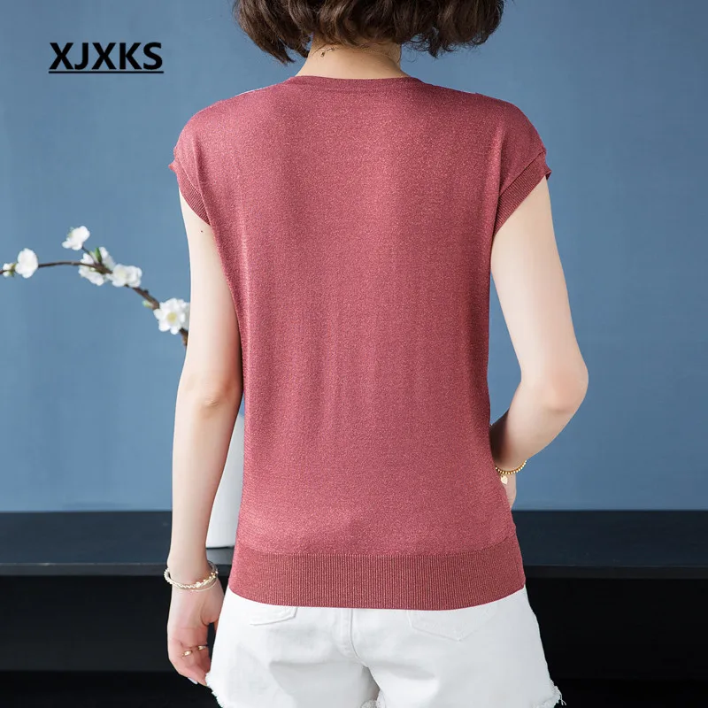 XJXKS летняя новая женская футболка модная яркая шелковая круглая горловина с коротким рукавом трикотажная тонкая футболка женский топ