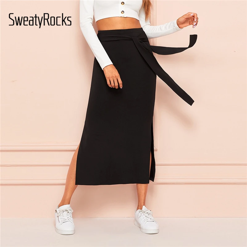 SweatyRocks, Женская Однотонная юбка с разрезом на талии, черная сексуальная Длинная Однотонная юбка для женщин,, летняя прямая юбка с высокой талией
