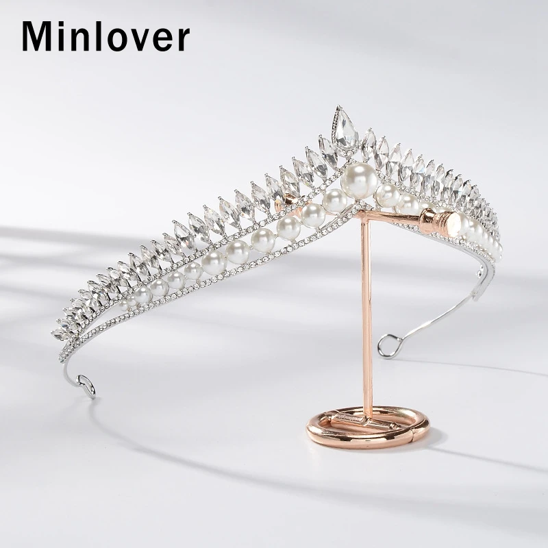 Minlover роскошный сверкающий кристалл невесты диадемы Короны имитация жемчуга