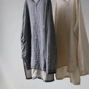 Женская простая Повседневная Блузка USWMIE, однотонная блузка в китайском стиле, с V-образным вырезом и длинным рукавом, свободного покроя, весна 2020