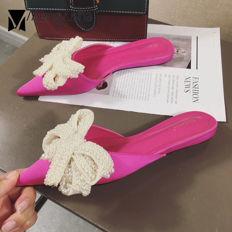 Мюли женские на Плоском Каблуке шлепанцы с бантом заостренный носок большие