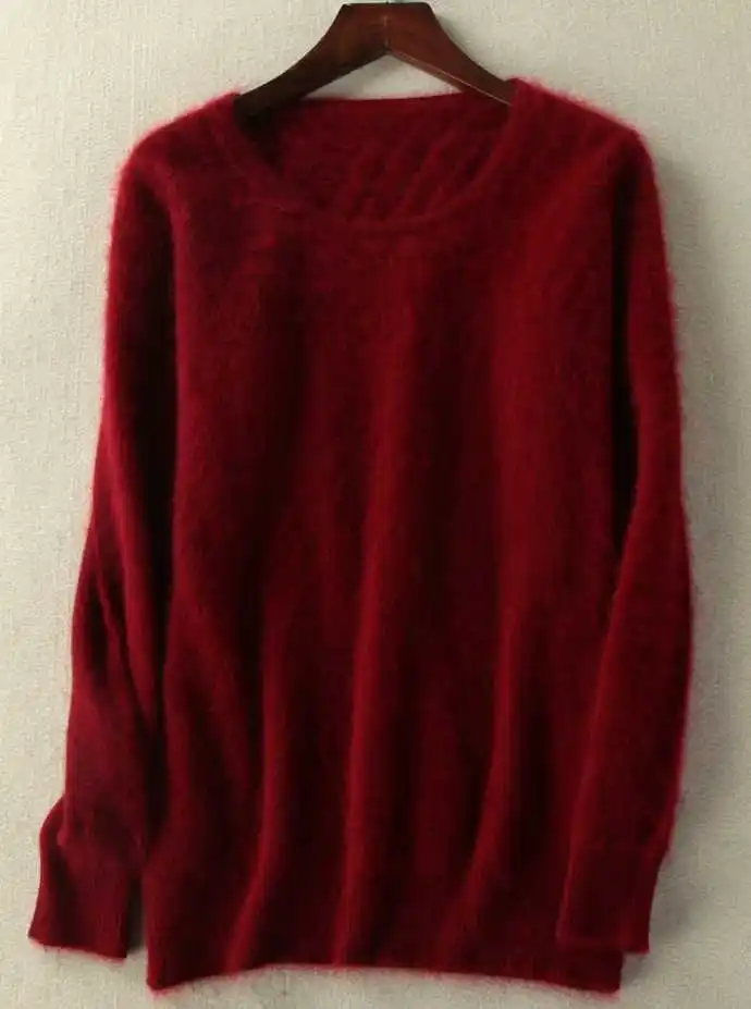 Женский норковый свитер 2018 с круглым вырезом и закатывающимся подолом короткий