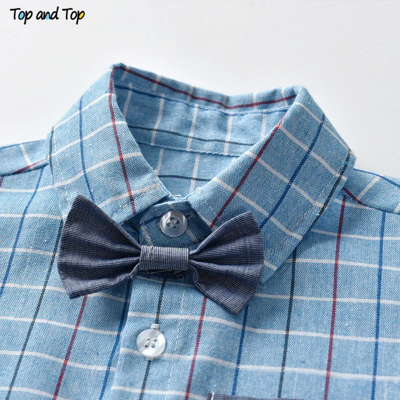 Top and Fashion Kids Boy Clothes Set Short Sleeve Plaid Shirt Tops with Bow Tie+Straps Pant Boys Casual | Детская одежда и обувь