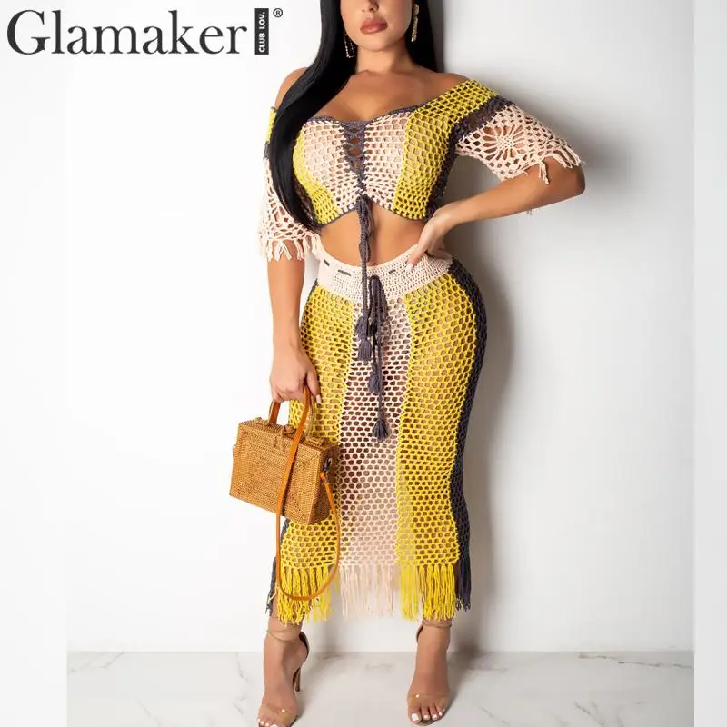 Glamaker, прозрачное летнее платье с бахромой, женское платье с открытыми плечами, два предмета, облегающее платье, женское элегантное платье