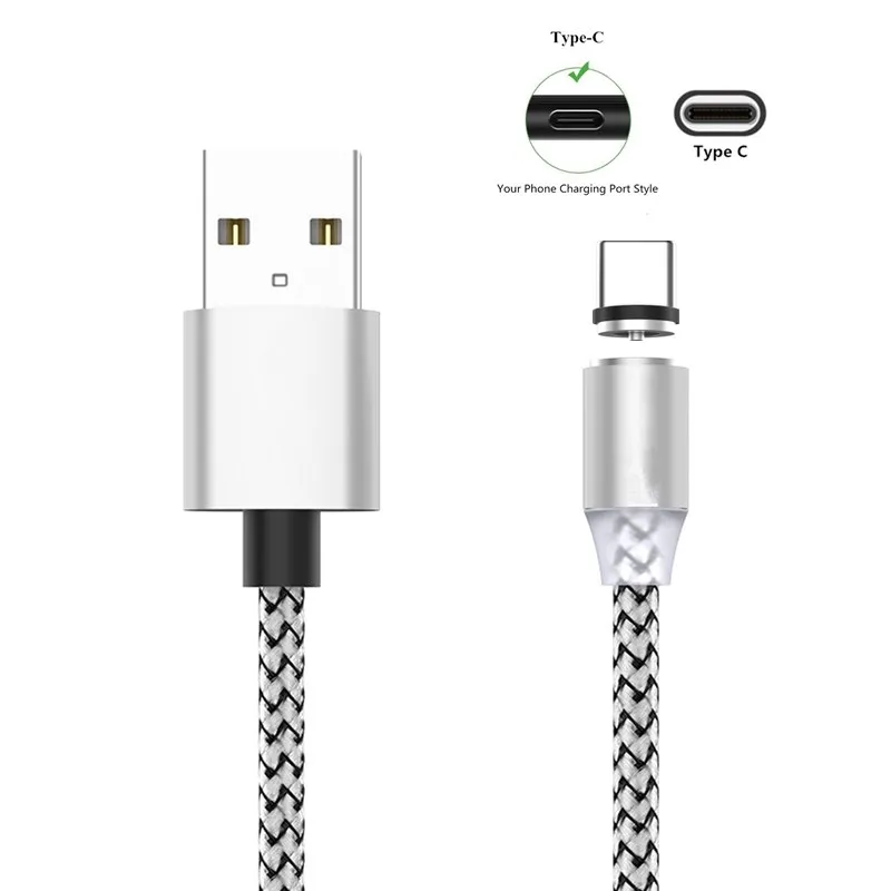 Silver with Type C Металлический магнитный USB кабель для iPhone type C Micro 2.4A быстрое зарядное устройство светодиодный светильник для samsung Xiaomi huawei Android Phone шнур 1 м - Цвет: Silver with Type C