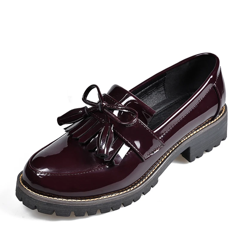 WineRed Oxford Shoes Новинка года; весенние женские туфли-оксфорды из лакированной кожи; женские слипоны с бантом; женская кожаная обувь на плоской подошве с кисточками - Цвет: WineRed Oxford Shoes