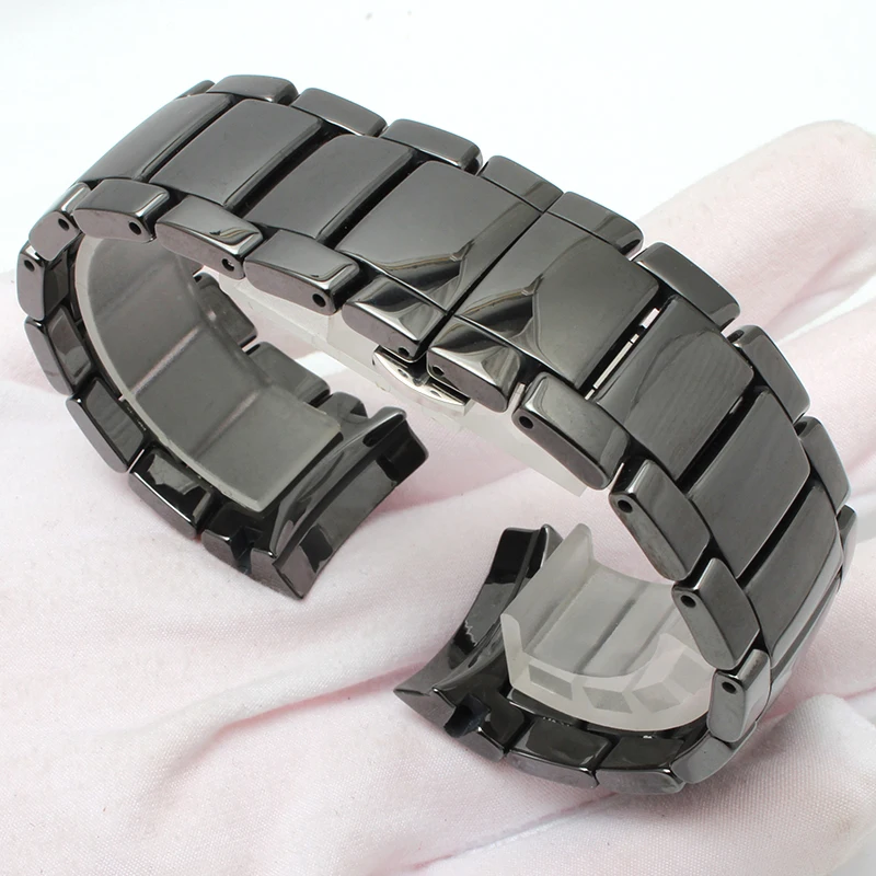 Black Shine Ceramic Strap for AR1451 Ceramic Watch with Men's 24MM Scrub Wristband Butterfly Buckle Waterproof Sports Watch Chai