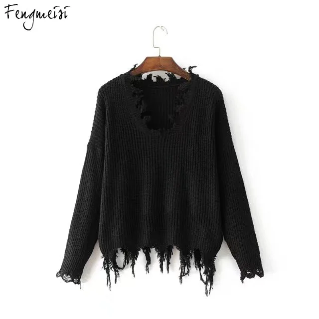 Fengmeisi knitted sweater women pullover female Casual loose V neck ripped tassel autumn pull femme knit jumper P2607 | Женская одежда