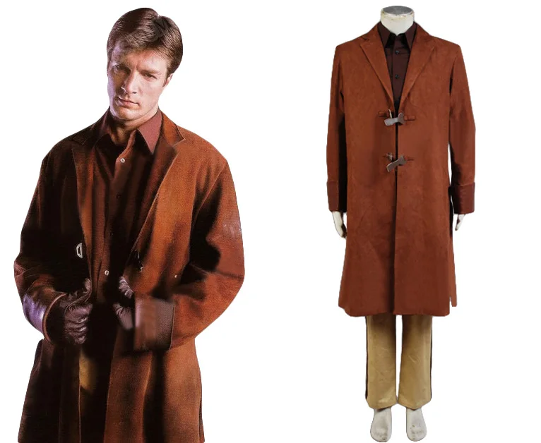 

High Quality Malcolm Reynolds Cosplay Costume Adult Brown Trench Coat+Shirt+Pants+Belt+Suspenders Full Set Halloween Carnival