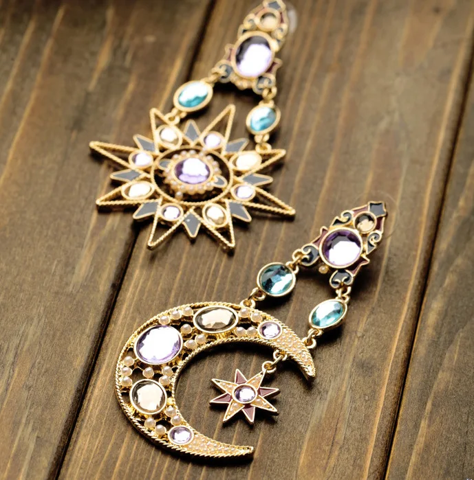 Женские серьги с Луной и звездой жемчугом Голубыми Стразами подарочные