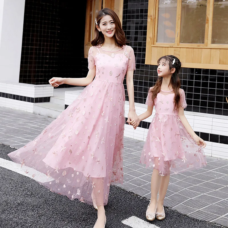 

WLG family matching clothes mother and daughter floral pink blue mesh dresses mommy and me fashion dress