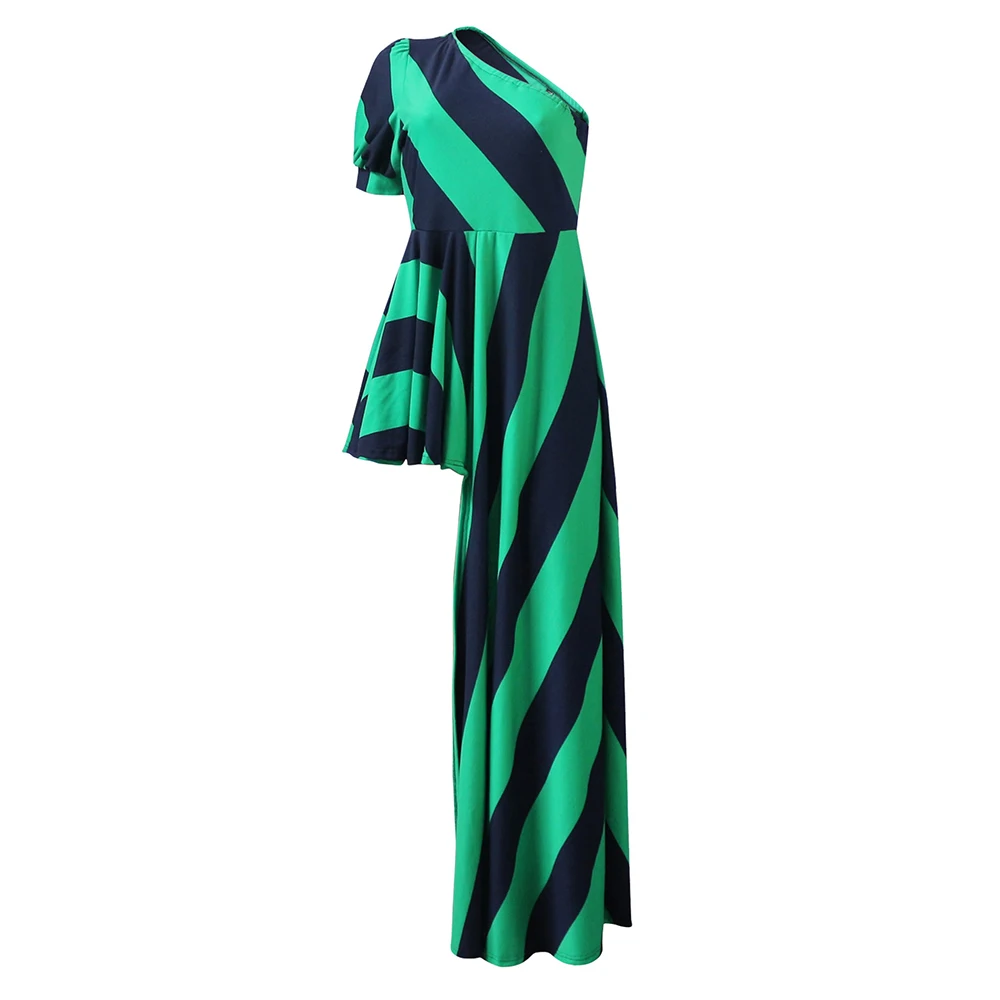 Green Women New Fashion Summer Stripe Slash Neck One Shoulder Puff Sleeve Asymmetric Hem Slim Tops Blouse - Цвет: Green
