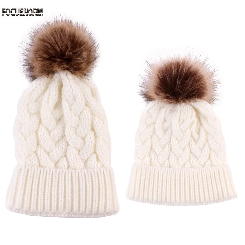 2018 Mother Baby Fashion Women Cap Warm Winter Beanie Fur Pom Hat Crochet Ski Ball cotton Toddler Knitted Beanies | Детская одежда и