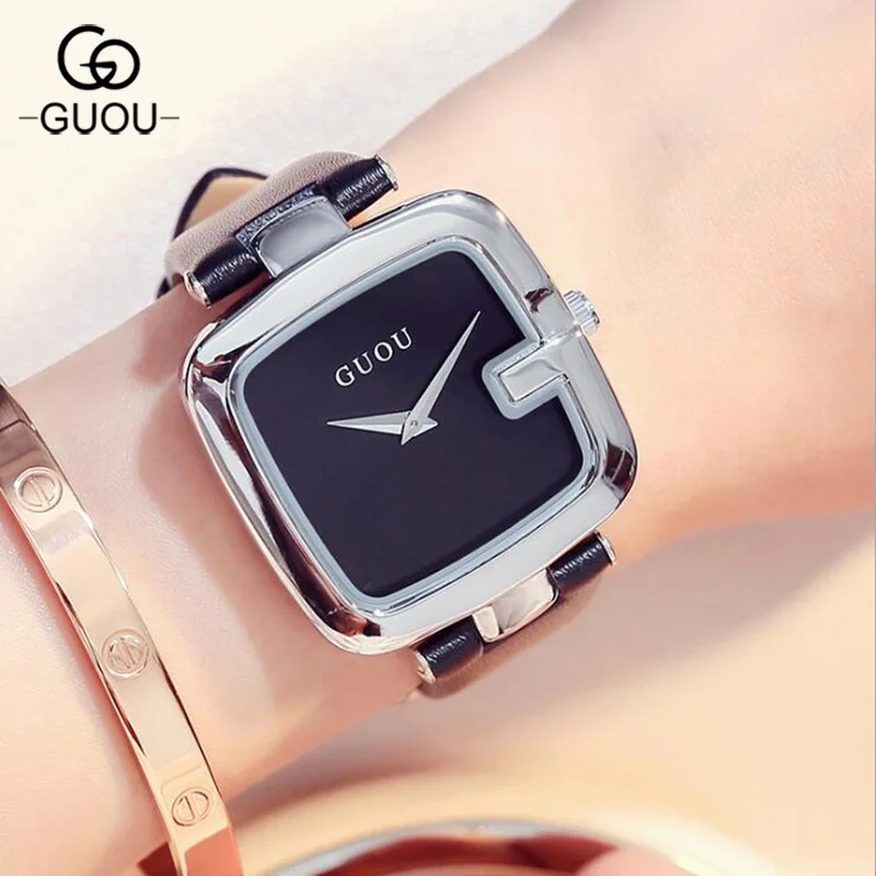 Часы женские Silver GUOU модные классические кожаные квадратные|clock fashion|clock squareclock dress |