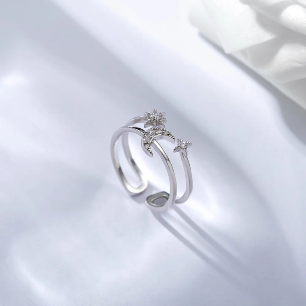 925 Sterling Silver Double Layer Starry Moonlight Ring Open Exquisite CZ Zircon Moon Stars White Gold S925 Women Wedding | Украшения и