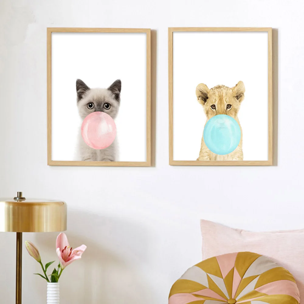 Минималистичный постер Kawaii с животными кошкой львом принты настенная Картина на