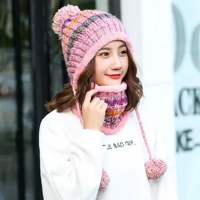Женская бархатная вязаная шапка, шарф, набор, Осень-зима, толстая шапочка, мешковатая, для девочек, теплая флисовая Лыжная шапка, модный шейный платок, шарфы - Цвет: Pink