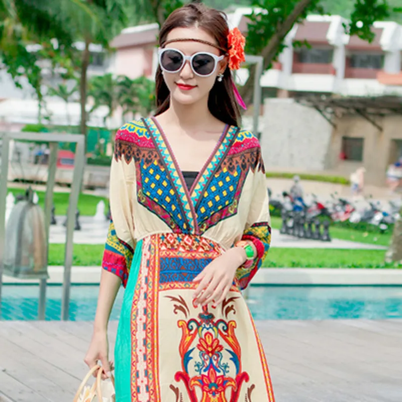 

New Bohemian Summer Chiffon Beach Dress Women Mid-Sleeve V-Neck Printed Long Dresses Fashion Elegant Vintage Vestidos Mujer J121