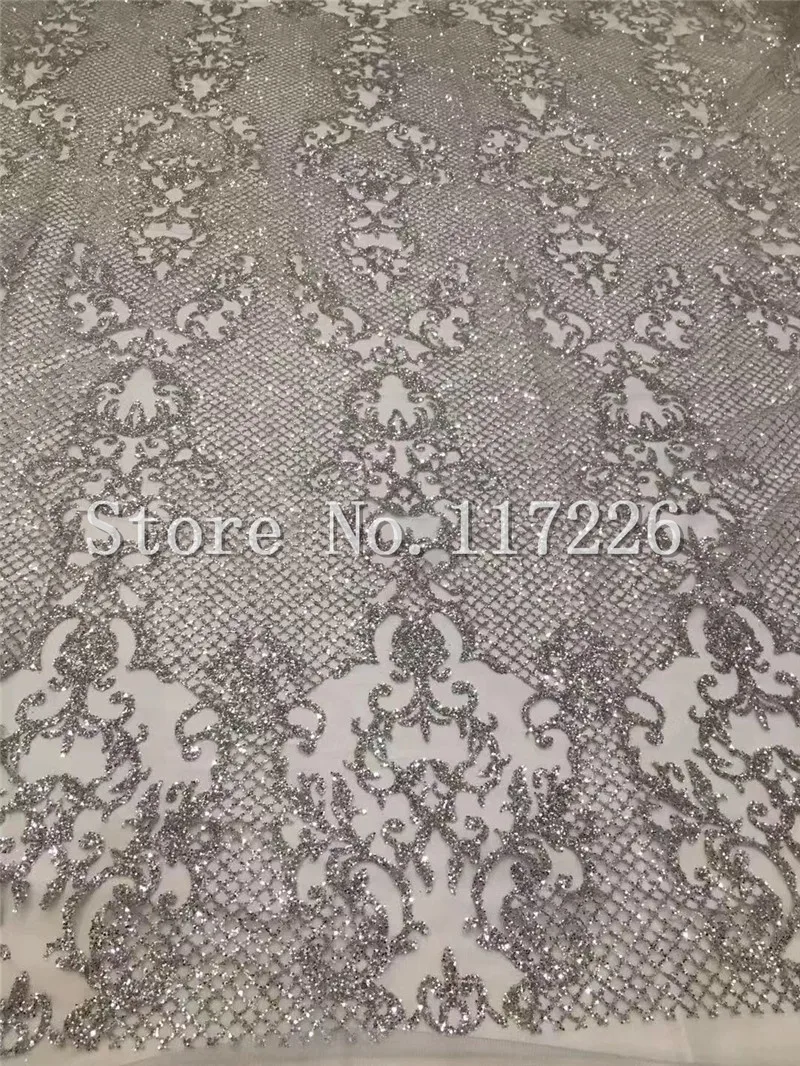 

New design silver color glitter french net lace fabric glued glitter african Tulle lace JRB-3274 for women party dress