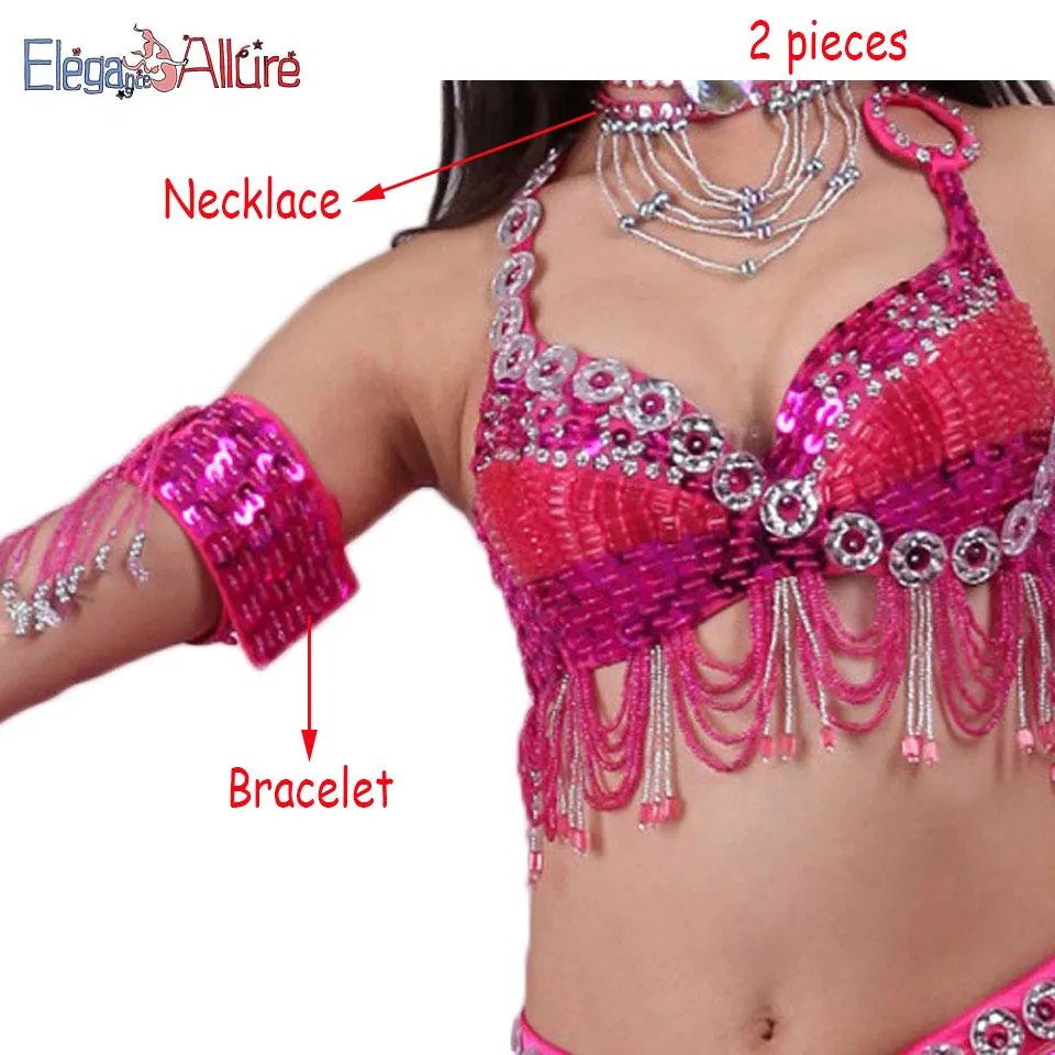 Hot pink 2pcs NBC E&A, 2 шт., женский костюм для танца живота, комплект для выступлений, набор для танца живота, модный топ, пояс, ожерелье, браслет, юбка, Одежда для танцев - Цвет: Hot pink 2pcs NBC