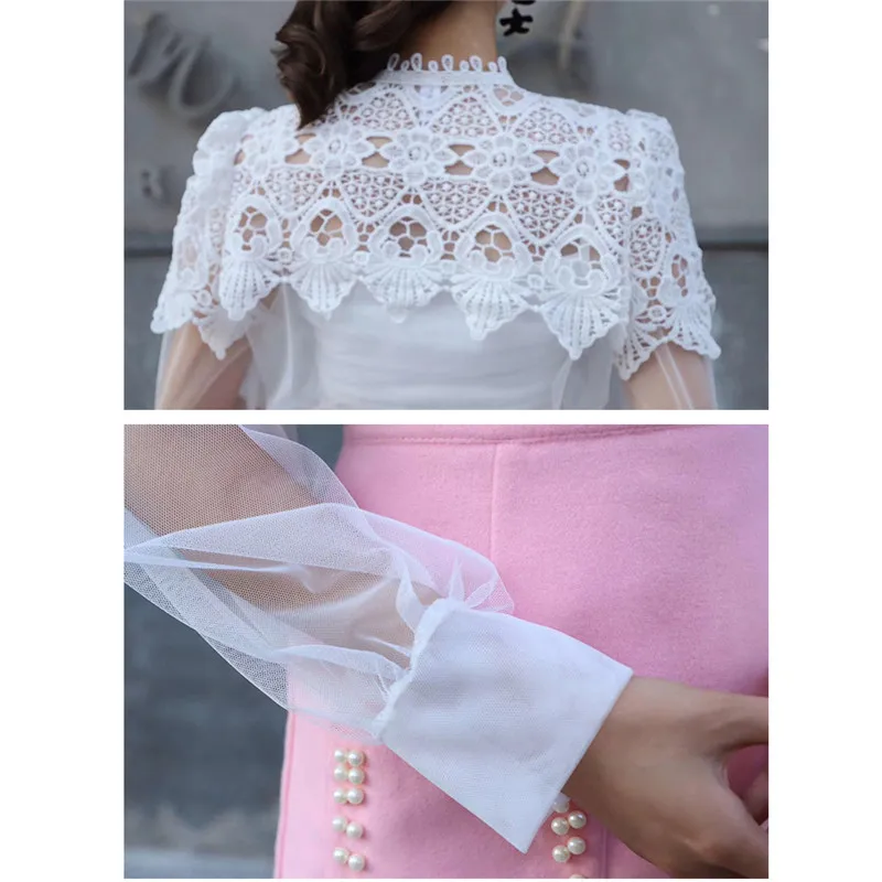 

Two Piece Shirt +Tank Tops Women Hollow Out Mesh Blouse Sweet Floral Lace Shirts Female Lantern Sleeve Bottoming Blouses A1323