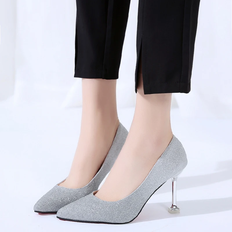 Ins Girls High-heeled Shoes Fashion Women Wedding Wild Pointed Toe Shallow Mouth Silver Sequins Thin Heels | Обувь