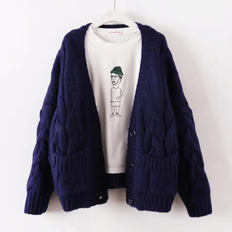 Осень зима 2018 вязаный свитер женский кардиган плотный свободный Однотонный